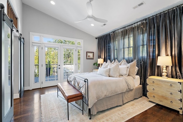 bedroom featuring vaulted ceiling, french doors, access to exterior, ceiling fan, and dark wood-type flooring