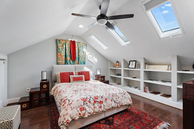 bedroom featuring vaulted ceiling, ceiling fan, and dark hardwood / wood-style flooring