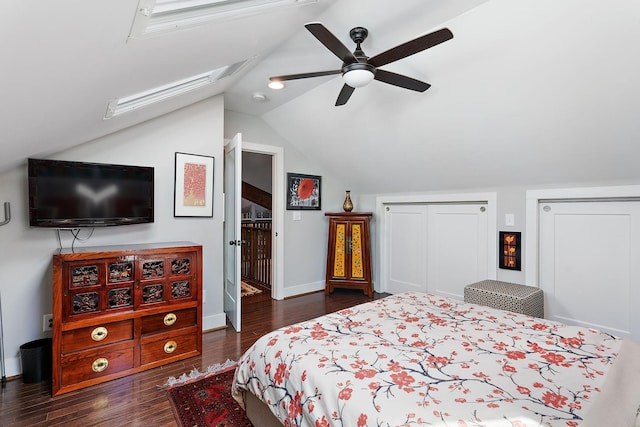 bedroom featuring lofted ceiling, ceiling fan, and dark wood-type flooring