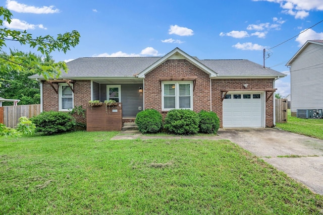 ranch-style house with central AC unit, a front lawn, and a garage