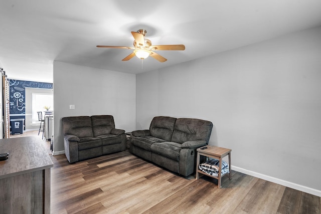 living room with ceiling fan and wood-type flooring