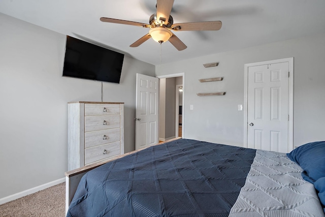 bedroom featuring ceiling fan and carpet