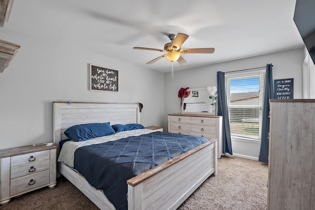 bedroom with light carpet and ceiling fan