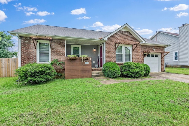 single story home featuring a front yard and a garage