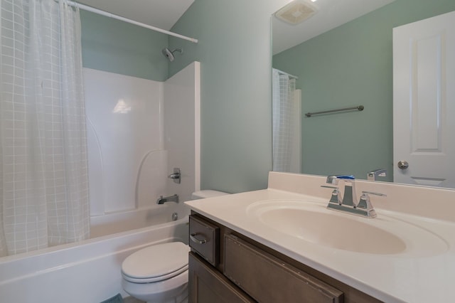 full bathroom featuring toilet, shower / tub combo, and vanity