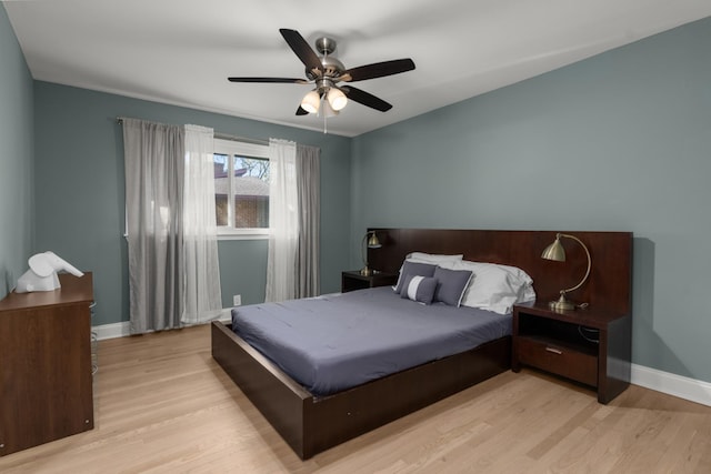 bedroom with ceiling fan and light hardwood / wood-style flooring