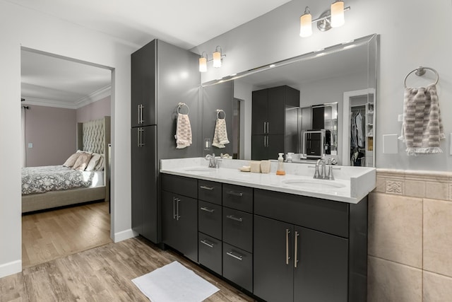 bathroom with crown molding, vanity, and hardwood / wood-style flooring