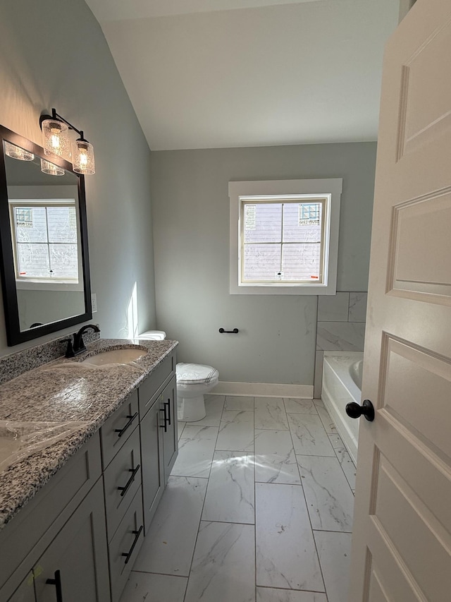 bathroom with toilet, lofted ceiling, a bathtub, and vanity