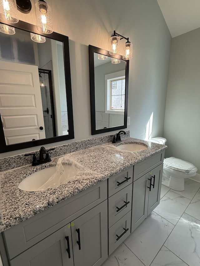 bathroom with toilet, vanity, and a shower with shower door