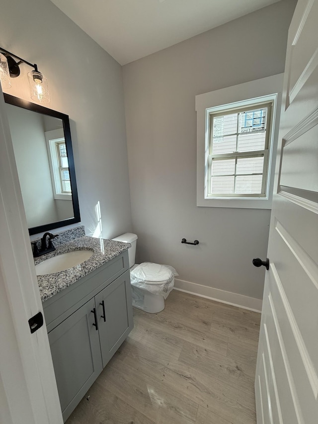 bathroom with toilet, wood-type flooring, a wealth of natural light, and vanity