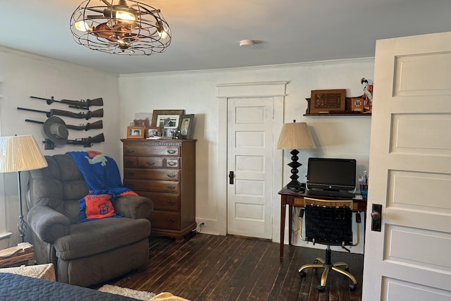 office featuring dark wood-type flooring, crown molding, and a chandelier