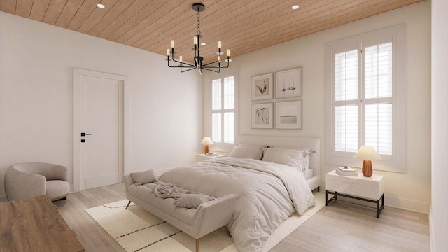 bedroom with wood ceiling, light wood-type flooring, and an inviting chandelier