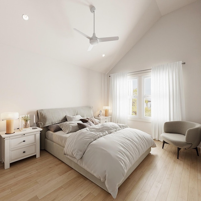 bedroom featuring high vaulted ceiling, ceiling fan, and light hardwood / wood-style floors