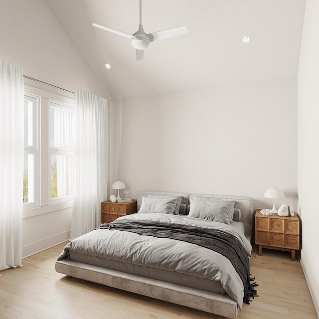 bedroom with high vaulted ceiling, ceiling fan, and light wood-type flooring