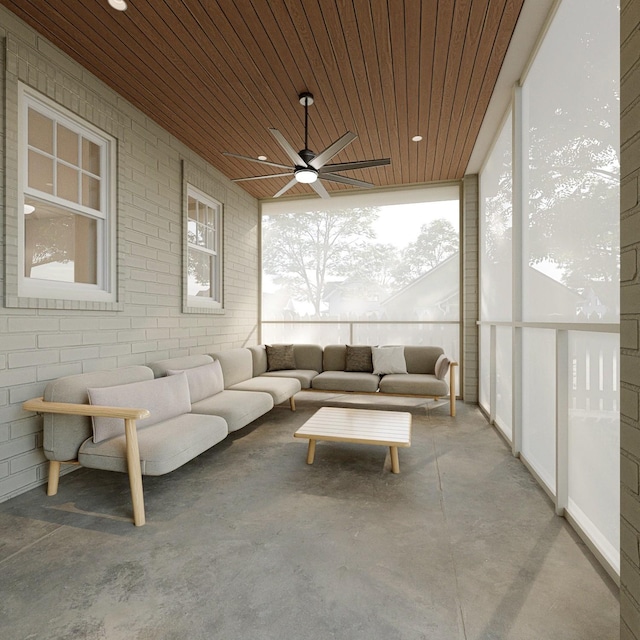 sunroom / solarium with ceiling fan and wood ceiling