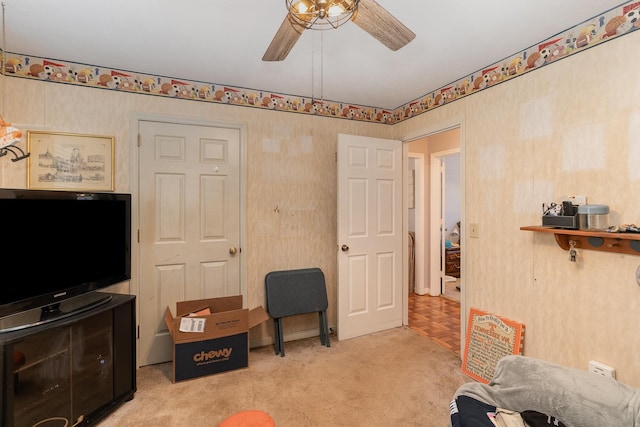 interior space featuring ceiling fan and light parquet floors