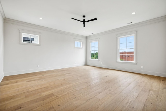 unfurnished room with light wood-type flooring, ceiling fan, and ornamental molding