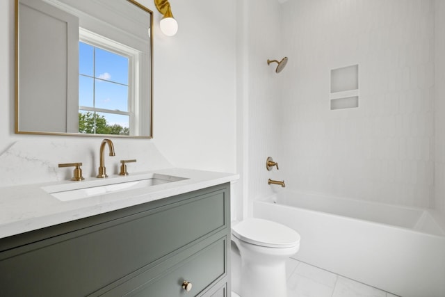 full bathroom featuring  shower combination, vanity, and toilet