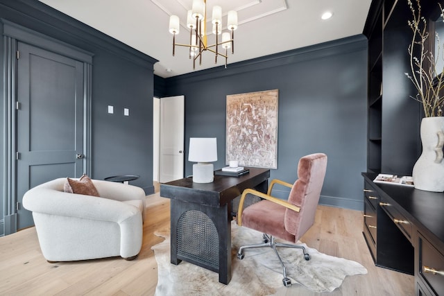 office with ornamental molding, light hardwood / wood-style flooring, and a chandelier