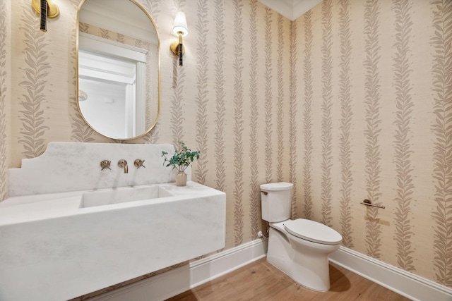 bathroom featuring toilet, hardwood / wood-style flooring, ornamental molding, and sink