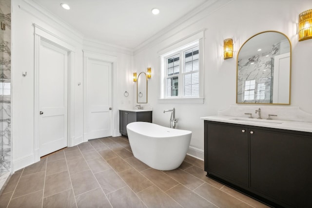 bathroom featuring separate shower and tub, crown molding, and vanity