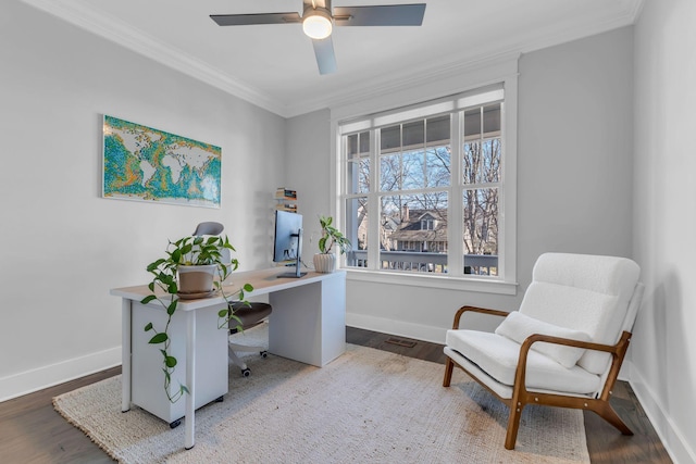 home office with ceiling fan, hardwood / wood-style flooring, and ornamental molding