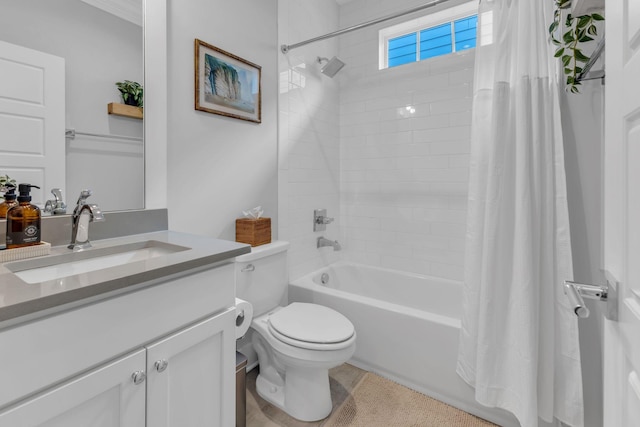 full bathroom with toilet, vanity, shower / bath combination with curtain, and crown molding