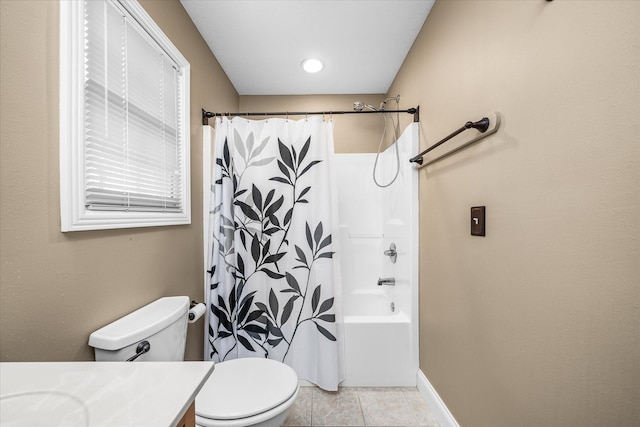 full bathroom with toilet, shower / bathtub combination with curtain, tile patterned floors, and vanity