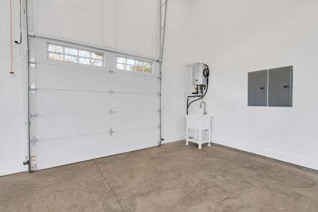 garage with electric panel and tankless water heater