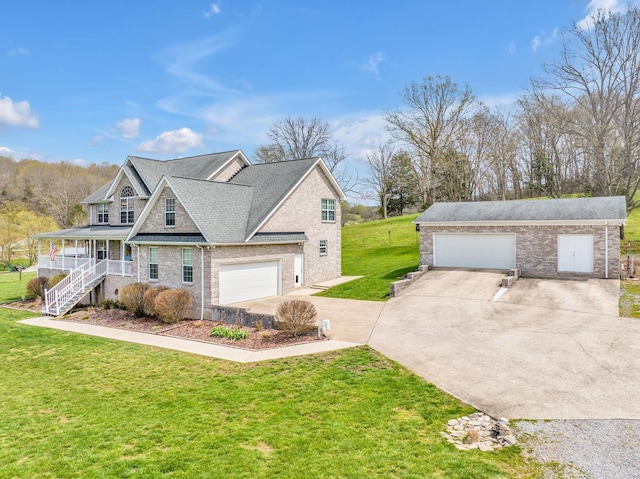 view of property exterior featuring a porch and a lawn