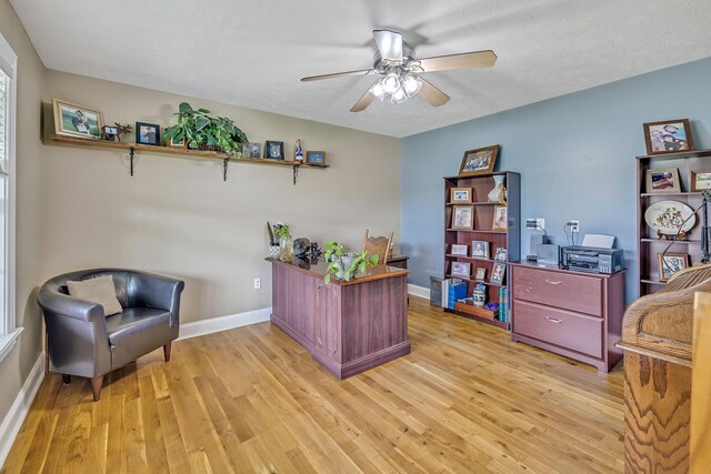 office area featuring light hardwood / wood-style floors, ceiling fan, and a textured ceiling