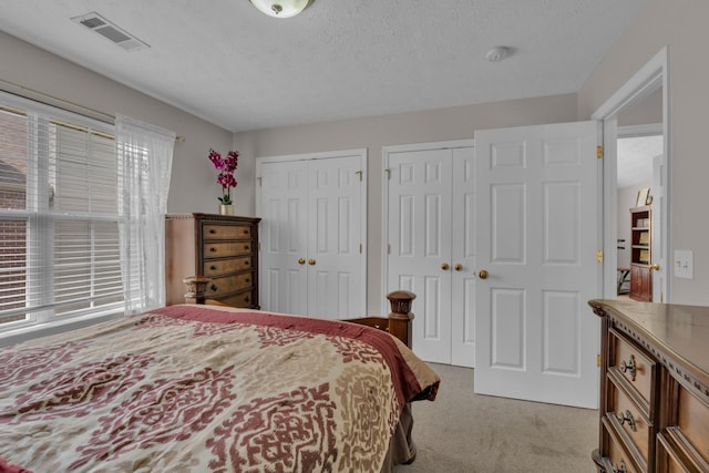 carpeted bedroom with two closets and a textured ceiling