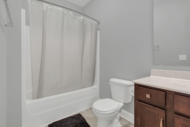 full bathroom featuring toilet, shower / bath combo, and vanity