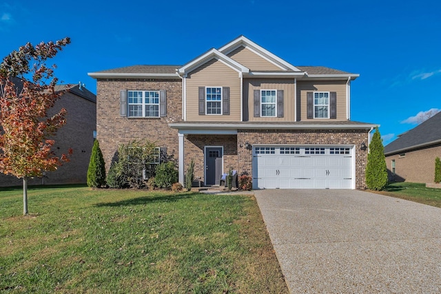 view of front of property featuring a garage and a front lawn