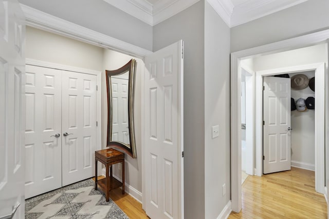 entryway featuring crown molding and hardwood / wood-style floors