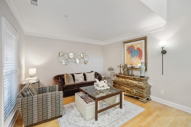 living room featuring ornamental molding and hardwood / wood-style floors