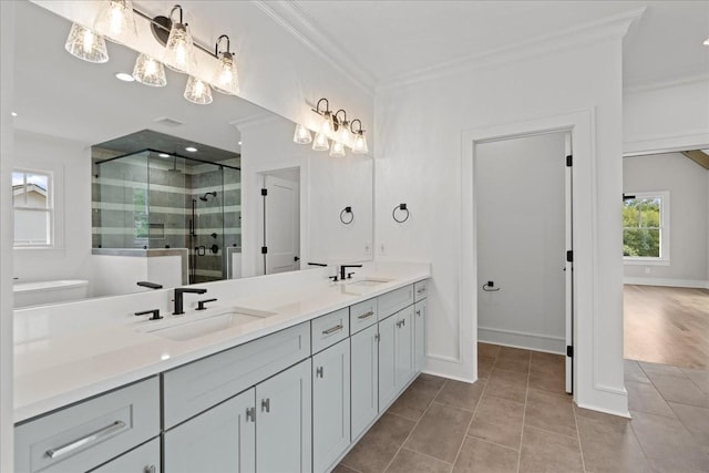 bathroom featuring tile patterned flooring, a shower with door, crown molding, and vanity