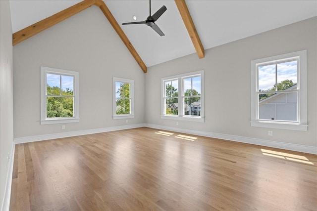 unfurnished living room with light wood-type flooring, high vaulted ceiling, beam ceiling, and ceiling fan