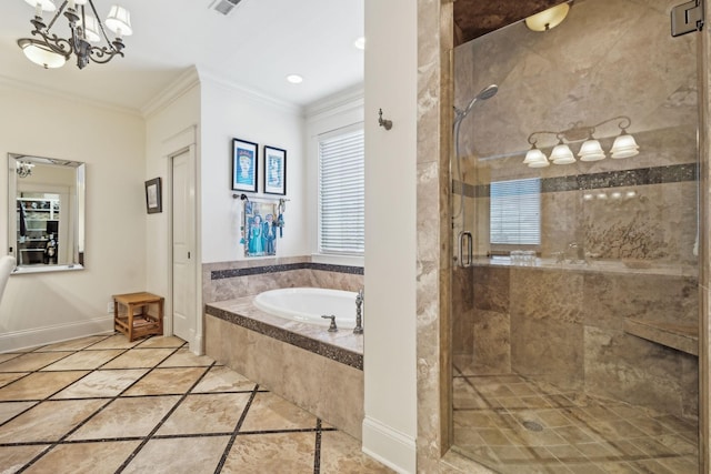 bathroom featuring a notable chandelier, separate shower and tub, and crown molding