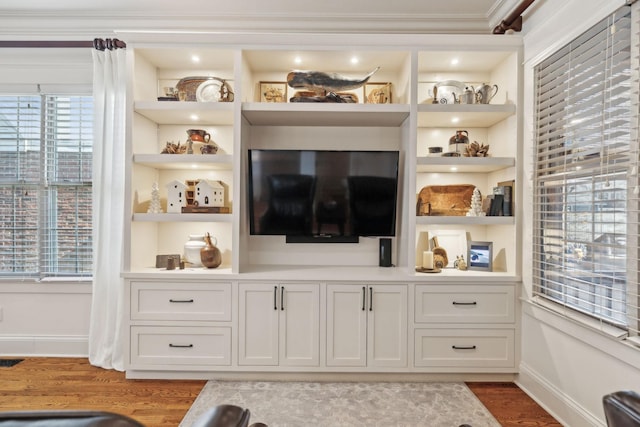 interior space featuring hardwood / wood-style flooring, crown molding, and a wealth of natural light