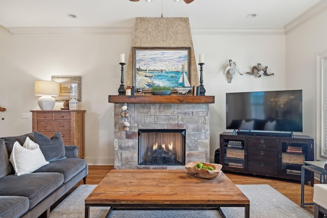 living room with ornamental molding, wood-type flooring, and a stone fireplace