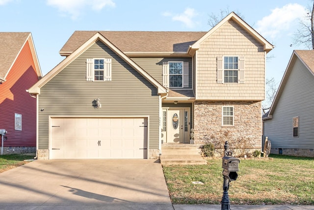 front facade featuring a front yard and a garage