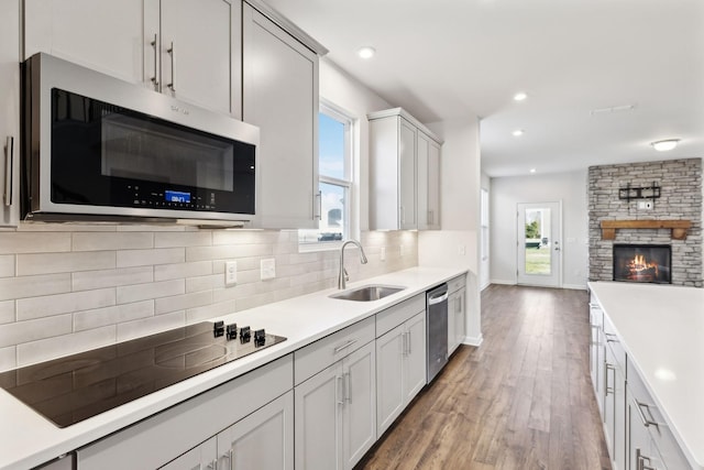 kitchen with sink, a fireplace, wood-type flooring, plenty of natural light, and appliances with stainless steel finishes