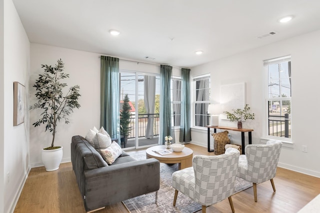 sitting room with plenty of natural light and wood-type flooring