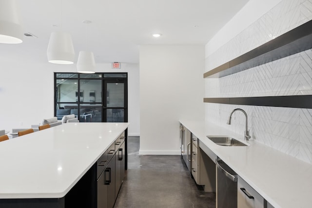 kitchen with dishwasher, a center island, hanging light fixtures, backsplash, and sink