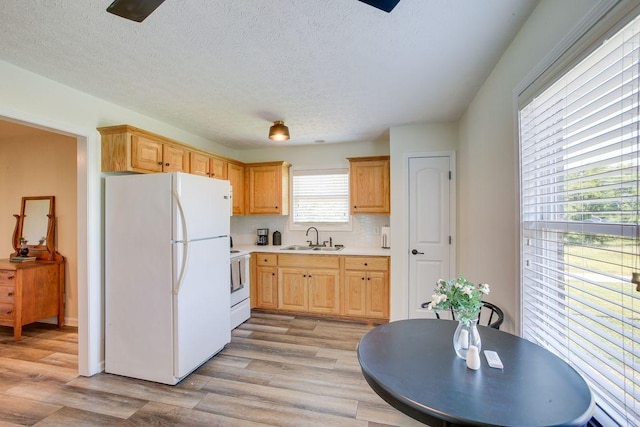 kitchen featuring backsplash, plenty of natural light, sink, and white appliances