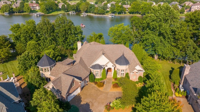 drone / aerial view featuring a water view