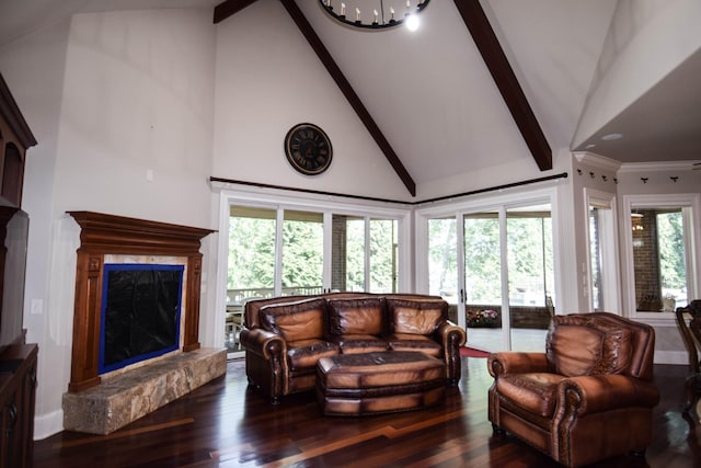 living room with high vaulted ceiling, a premium fireplace, a healthy amount of sunlight, and dark hardwood / wood-style floors