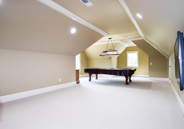 rec room with pool table, vaulted ceiling, crown molding, and carpet flooring