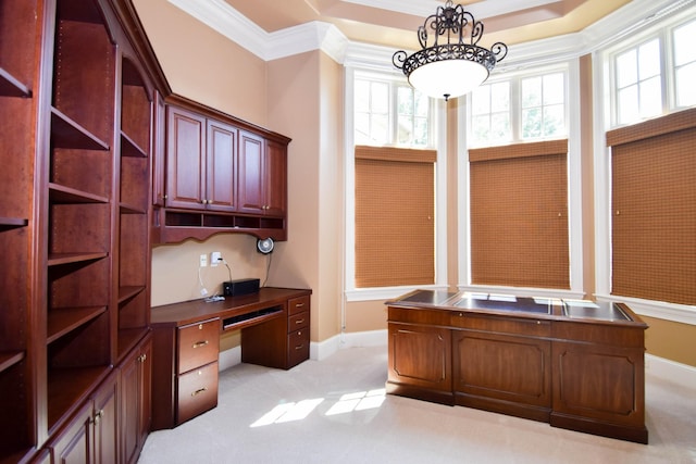 office featuring light carpet and ornamental molding